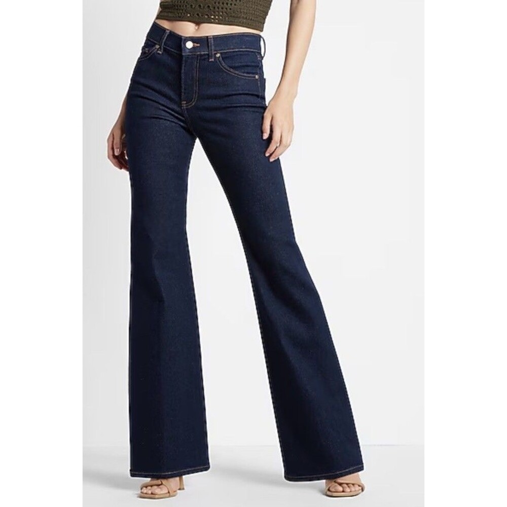 Express Women’s 14 Dark Wash 70s Flare Mid Rise Jeans Stretch Denim